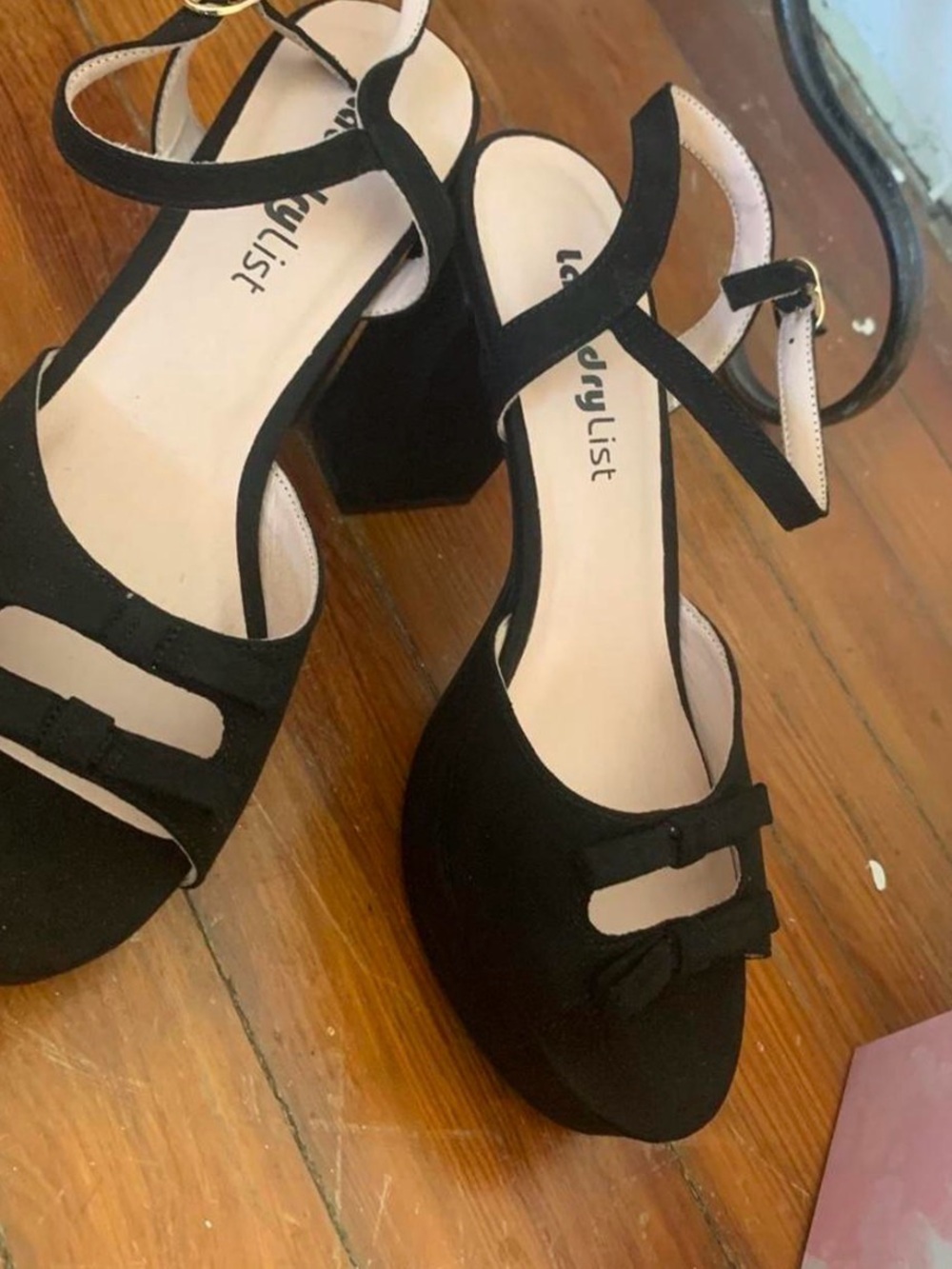 Classic Black Ankle-Strap Block Heel Sandals with Bow Accent